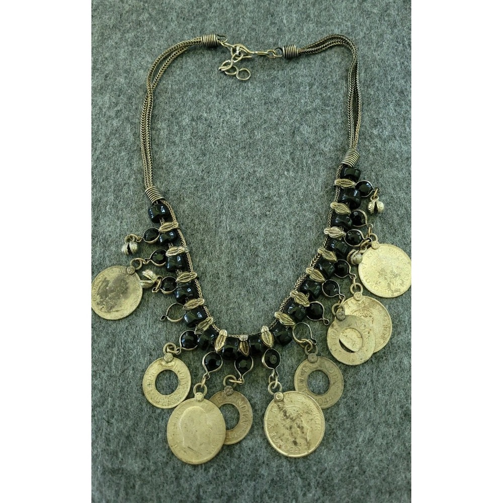 Coin Charm Statement Necklace Black Beads Silver Tone Boho Tribal 18in